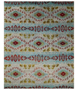 8x10 Hand Knotted Ivory, Red and Blue Persian Recycled Silk Area Rug