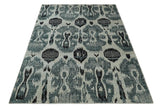 8x10 Hand Knotted Ivory, Teal and Black Contemporary Recycled Silk Area Rug