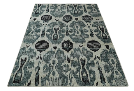 8x10 Hand Knotted Ivory, Teal and Black Contemporary Recycled Silk Area Rug