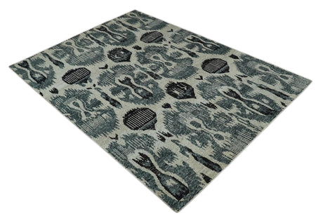8x10 Hand Knotted Ivory, Teal and Black Contemporary Recycled Silk Area Rug