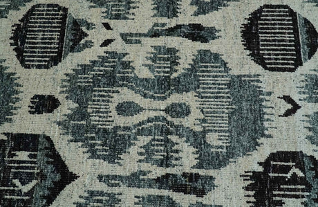 8x10 Hand Knotted Ivory, Teal and Black Contemporary Recycled Silk Area Rug