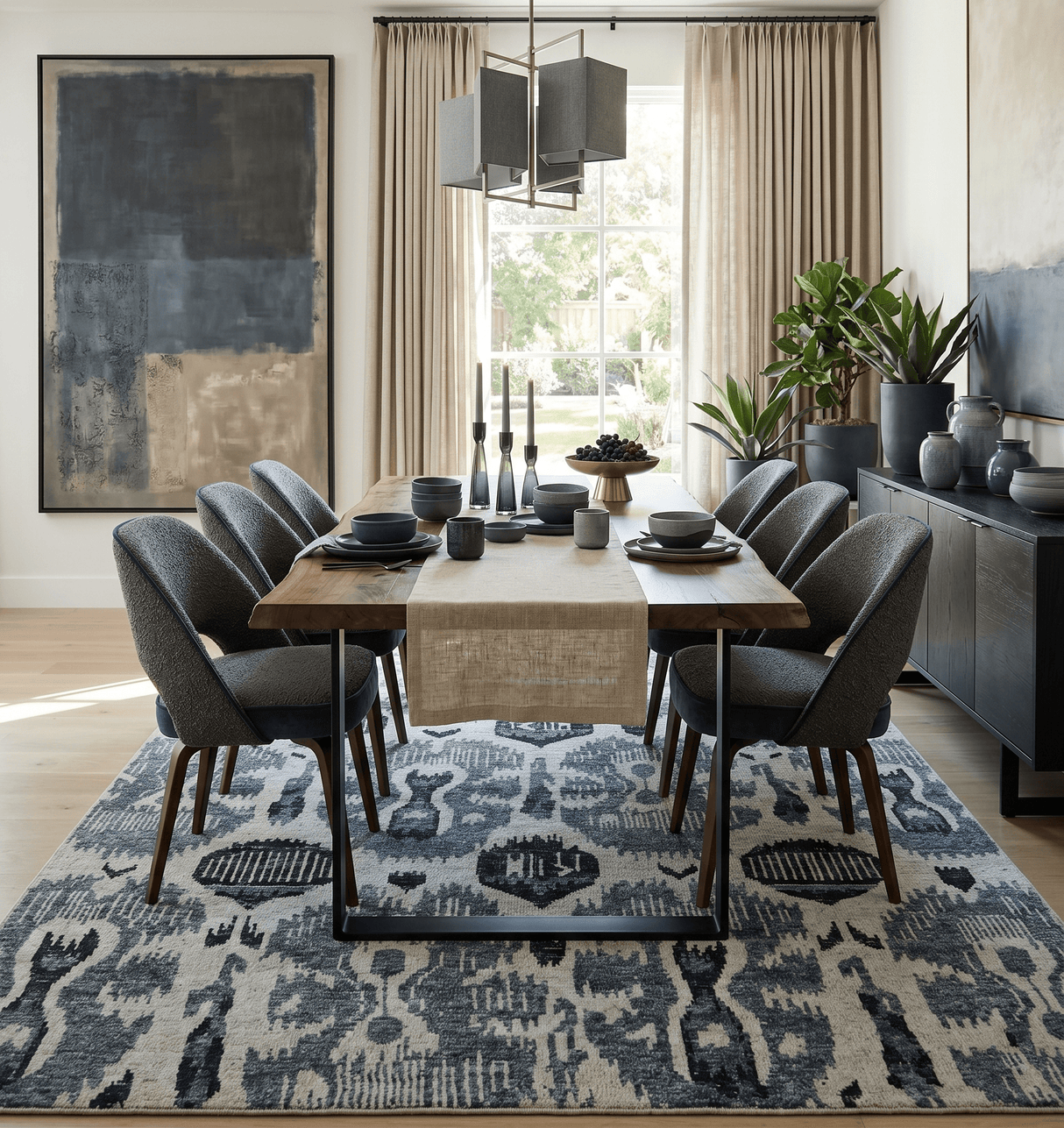 8x10 Hand Knotted Ivory, Teal and Black Contemporary Recycled Silk Area Rug