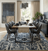 8x10 Hand Knotted Ivory, Teal and Black Contemporary Recycled Silk Area Rug