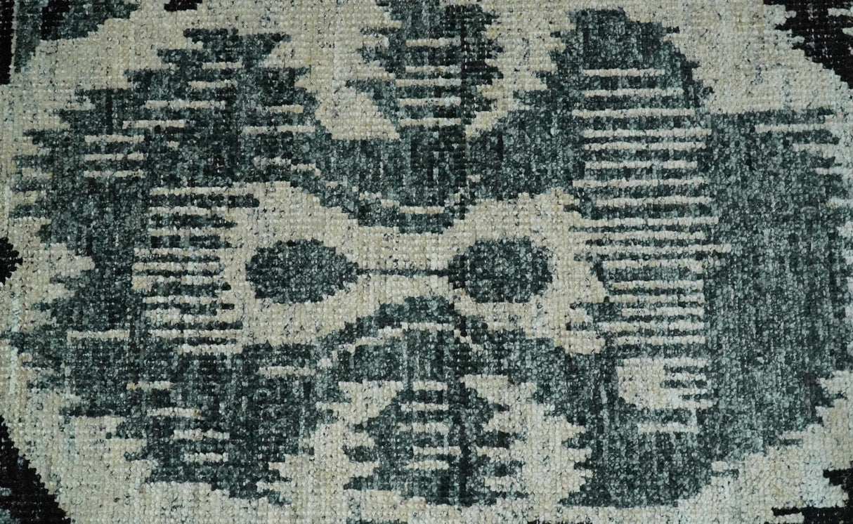 8x10 Hand Knotted Ivory, Teal and Black Contemporary Recycled Silk Area Rug