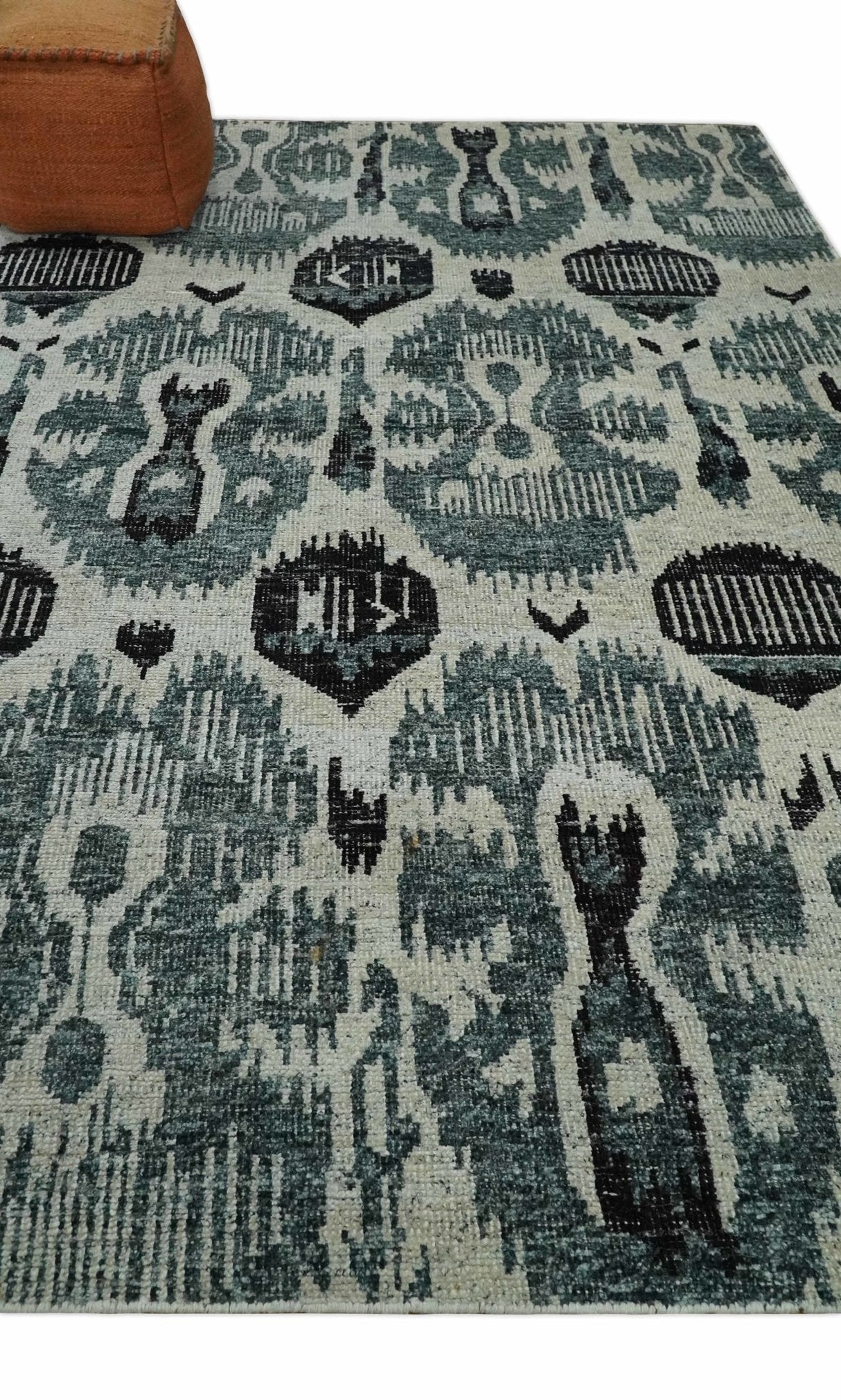 8x10 Hand Knotted Ivory, Teal and Black Contemporary Recycled Silk Area Rug
