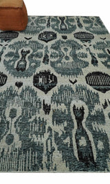 8x10 Hand Knotted Ivory, Teal and Black Contemporary Recycled Silk Area Rug