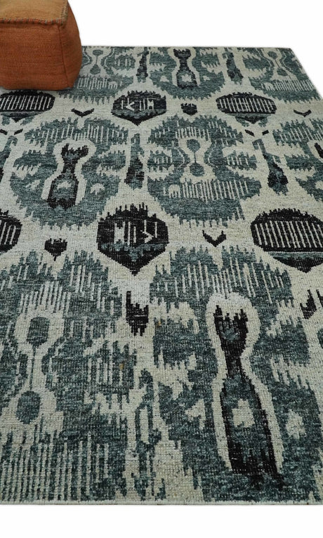 8x10 Hand Knotted Ivory, Teal and Black Contemporary Recycled Silk Area Rug
