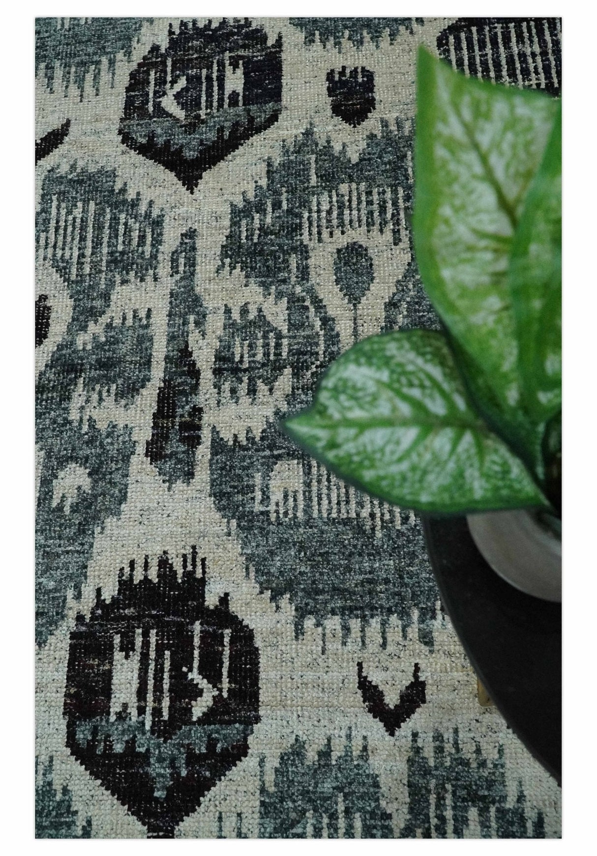 8x10 Hand Knotted Ivory, Teal and Black Contemporary Recycled Silk Area Rug