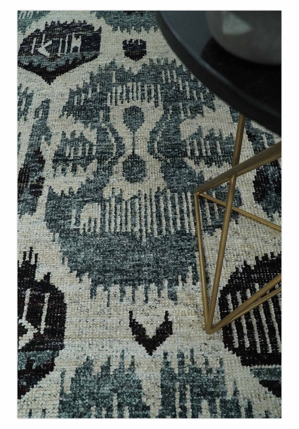 8x10 Hand Knotted Ivory, Teal and Black Contemporary Recycled Silk Area Rug