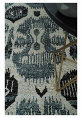 8x10 Hand Knotted Ivory, Teal and Black Contemporary Recycled Silk Area Rug