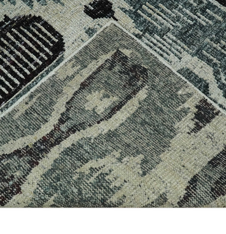 8x10 Hand Knotted Ivory, Teal and Black Contemporary Recycled Silk Area Rug