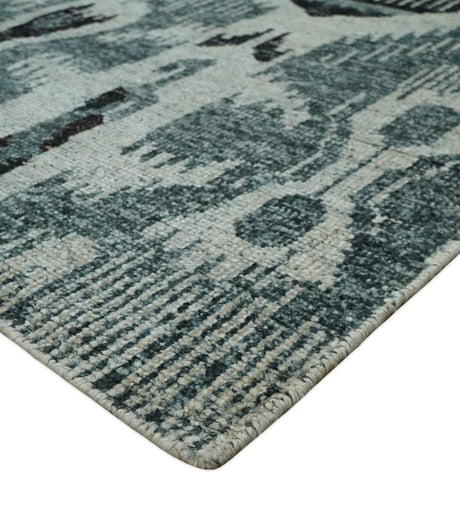 8x10 Hand Knotted Ivory, Teal and Black Contemporary Recycled Silk Area Rug