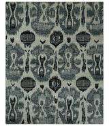 8x10 Hand Knotted Ivory, Teal and Black Contemporary Recycled Silk Area Rug