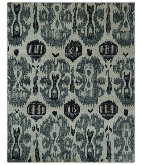 8x10 Hand Knotted Ivory, Teal and Black Contemporary Recycled Silk Area Rug