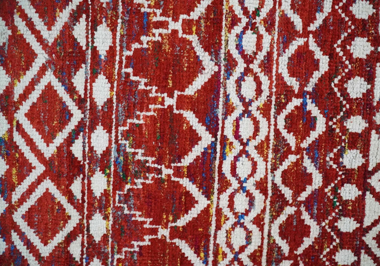 8x10 Hand Knotted Maroon and White Modern Contemporary Southwestern Recycled Silk Area Rug