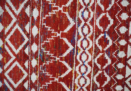 8x10 Hand Knotted Maroon and White Modern Contemporary Southwestern Recycled Silk Area Rug