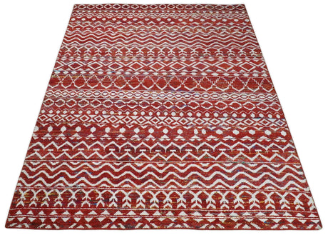 8x10 Hand Knotted Maroon and White Modern Contemporary Southwestern Recycled Silk Area Rug