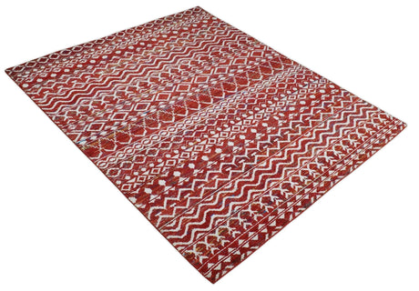 8x10 Hand Knotted Maroon and White Modern Contemporary Southwestern Recycled Silk Area Rug