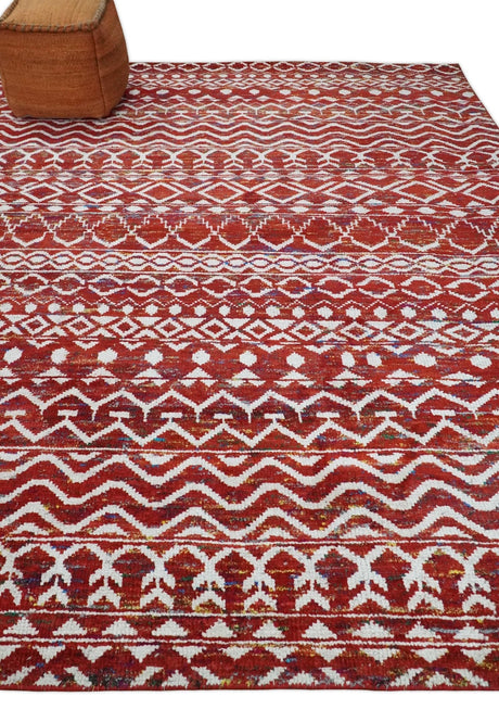 8x10 Hand Knotted Maroon and White Modern Contemporary Southwestern Recycled Silk Area Rug
