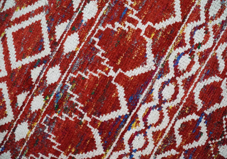 8x10 Hand Knotted Maroon and White Modern Contemporary Southwestern Recycled Silk Area Rug