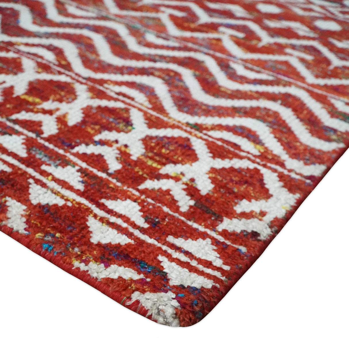 8x10 Hand Knotted Maroon and White Modern Contemporary Southwestern Recycled Silk Area Rug