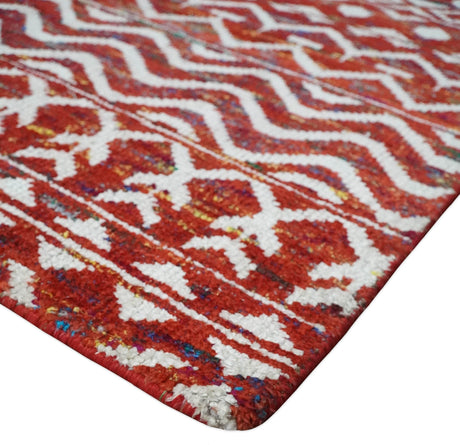 8x10 Hand Knotted Maroon and White Modern Contemporary Southwestern Recycled Silk Area Rug