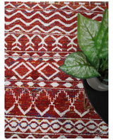 8x10 Hand Knotted Maroon and White Modern Contemporary Southwestern Recycled Silk Area Rug