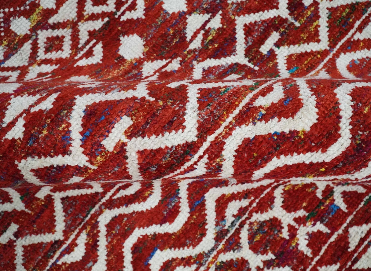 8x10 Hand Knotted Maroon and White Modern Contemporary Southwestern Recycled Silk Area Rug