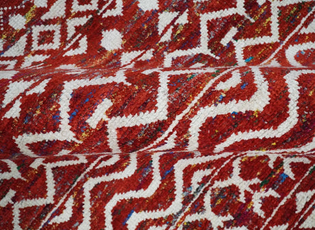 8x10 Hand Knotted Maroon and White Modern Contemporary Southwestern Recycled Silk Area Rug
