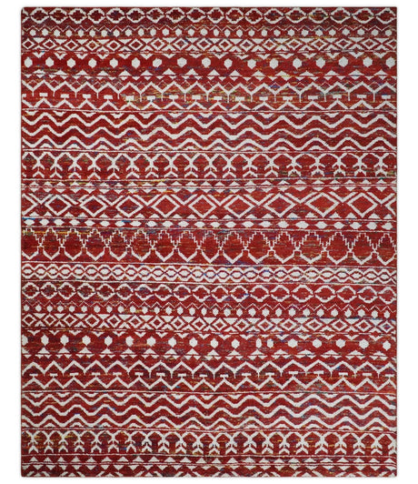 8x10 Hand Knotted Maroon and White Modern Contemporary Southwestern Recycled Silk Area Rug