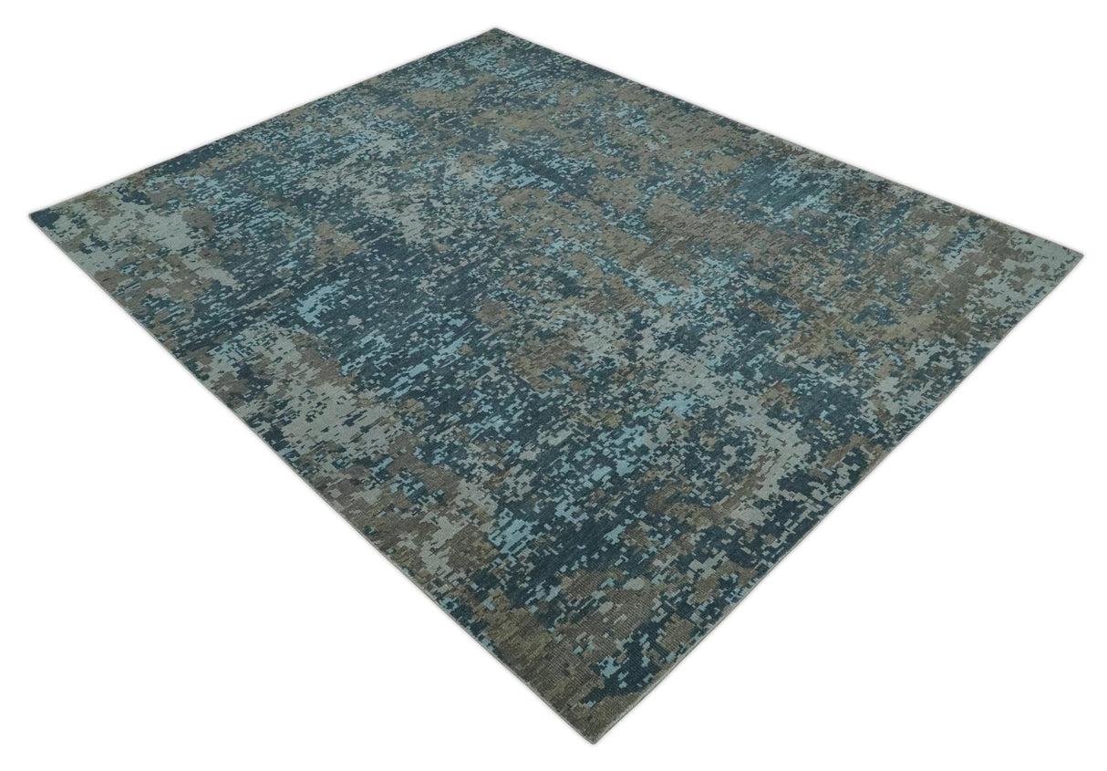 8x10 Hand Knotted Modern Abstract Blue and Brown Low Pile Wool Rug