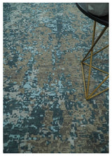 8x10 Hand Knotted Modern Abstract Blue and Brown Low Pile Wool Rug