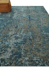 8x10 Hand Knotted Modern Abstract Blue and Brown Low Pile Wool Rug