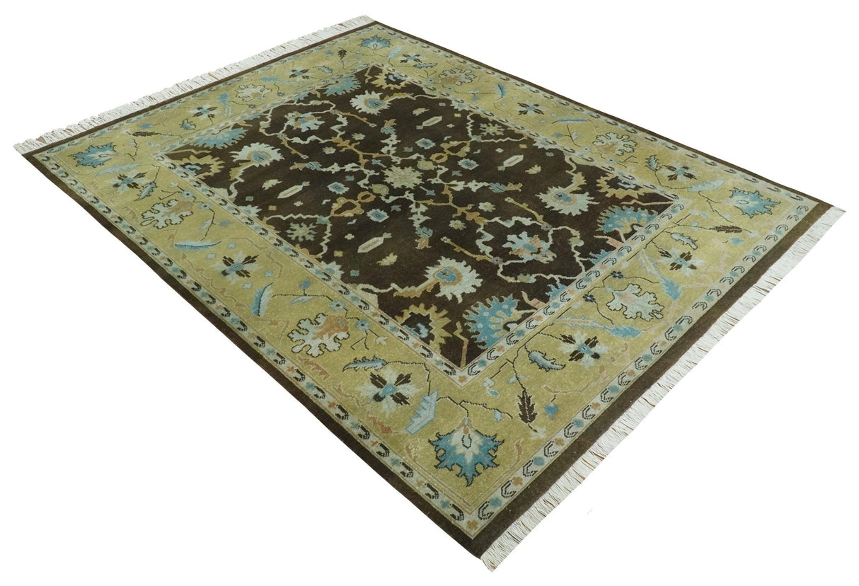 8x10 Hand Knotted Olive and Green Traditional Persian Oushak Wool Rug