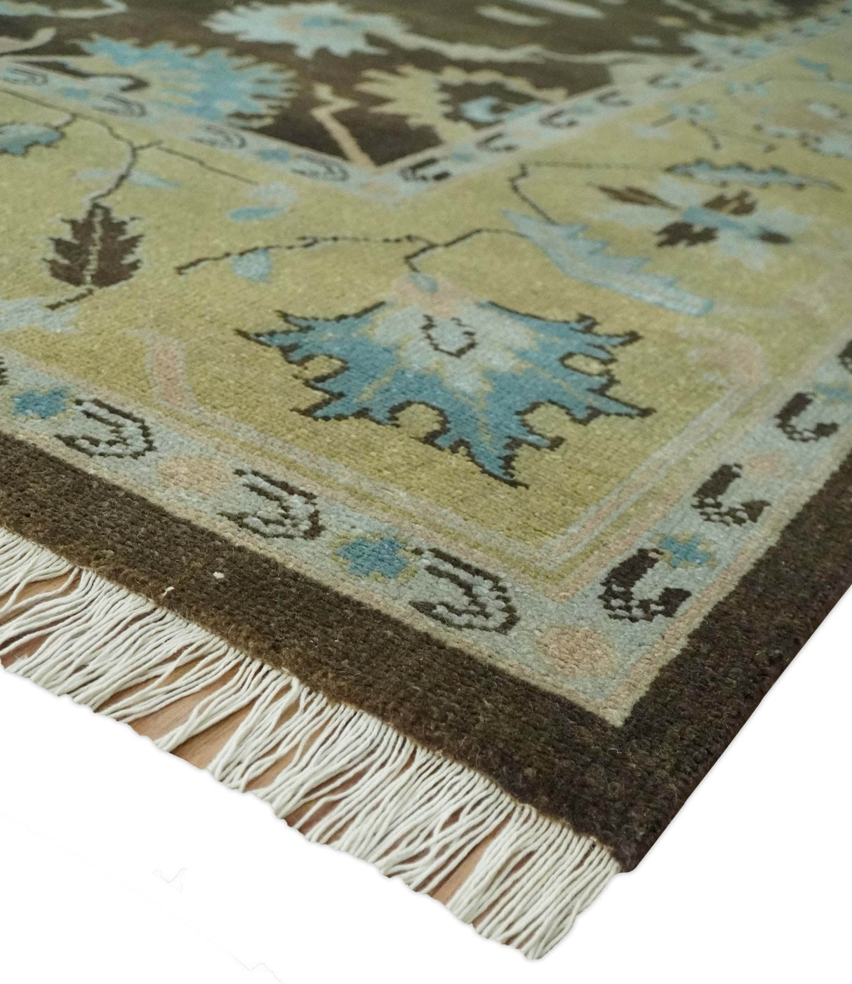 8x10 Hand Knotted Olive and Green Traditional Persian Oushak Wool Rug