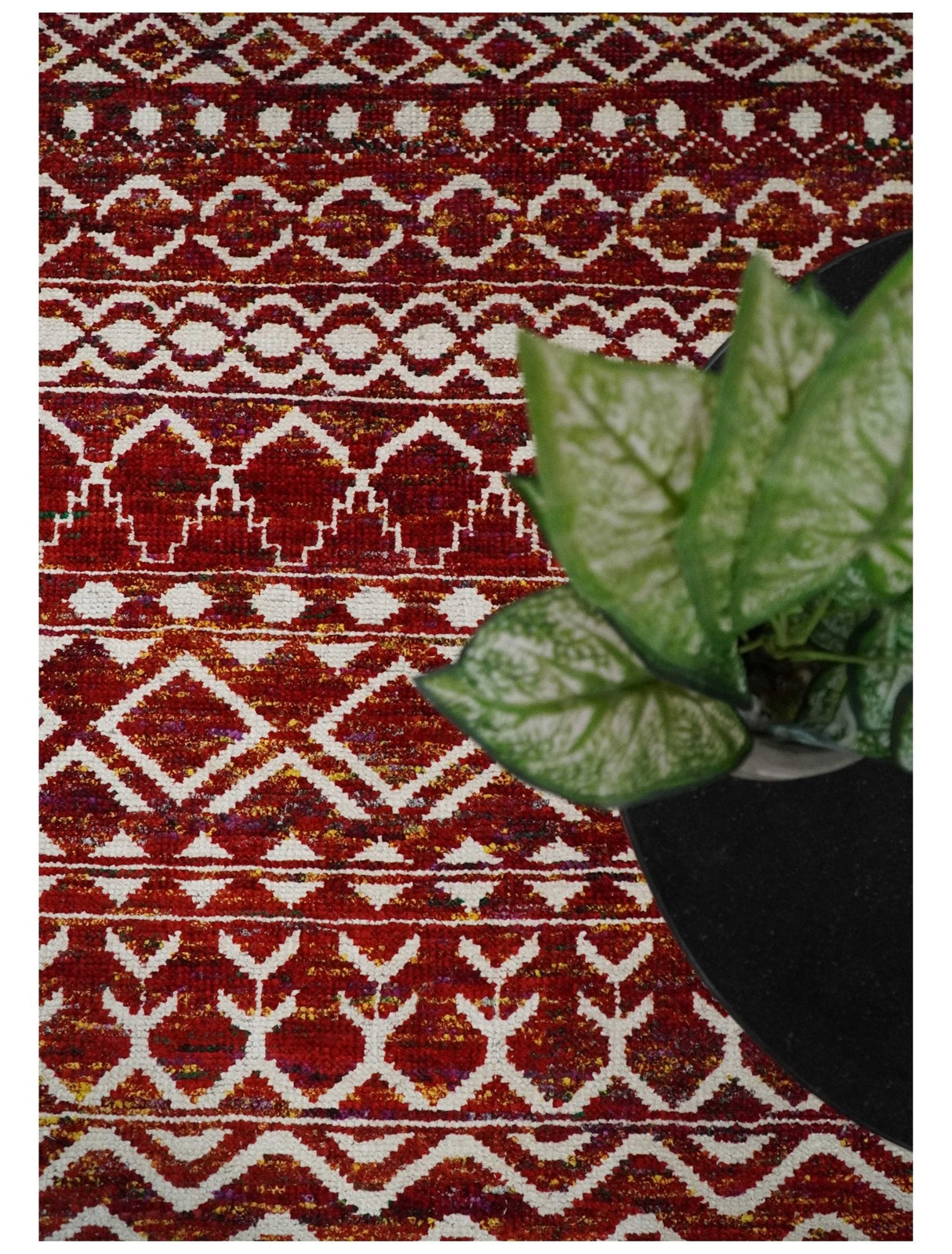 8x10 Hand Knotted Red and White Modern Contemporary Southwestern Tribal Trellis Recycled Silk Area Rug