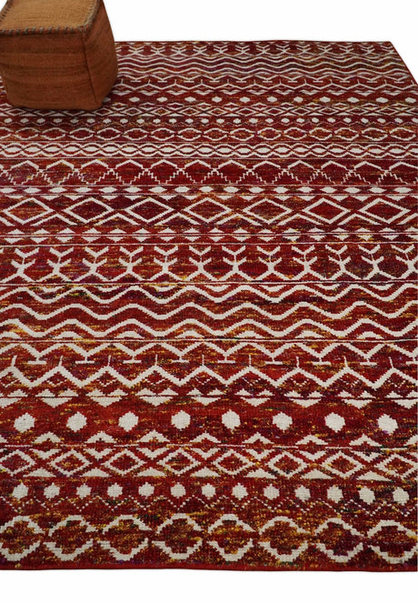 8x10 Hand Knotted Red and White Modern Contemporary Southwestern Tribal Trellis Recycled Silk Area Rug
