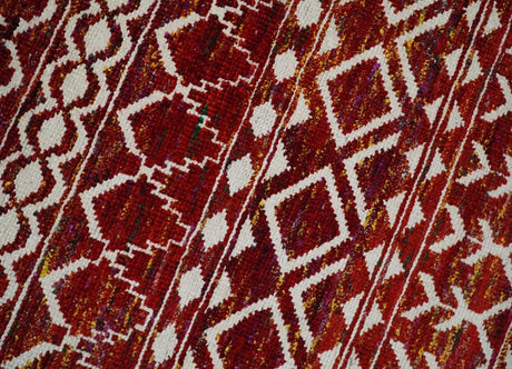 8x10 Hand Knotted Red and White Modern Contemporary Southwestern Tribal Trellis Recycled Silk Area Rug