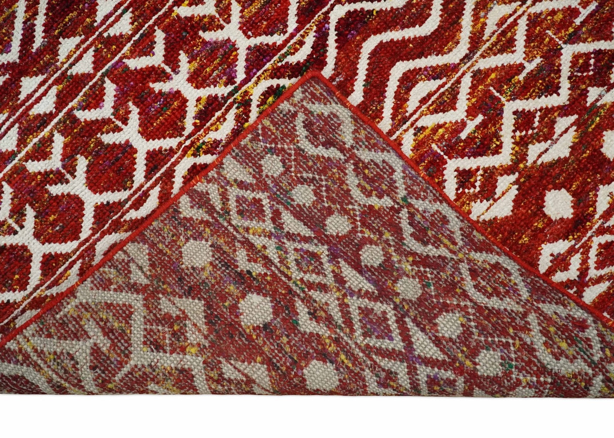 8x10 Hand Knotted Red and White Modern Contemporary Southwestern Tribal Trellis Recycled Silk Area Rug