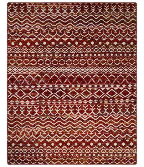 8x10 Hand Knotted Red and White Modern Contemporary Southwestern Tribal Trellis Recycled Silk Area Rug