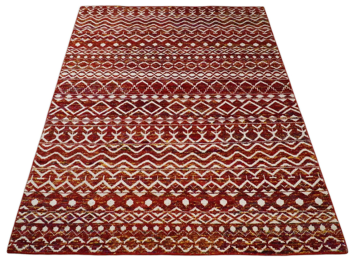 8x10 Hand Knotted Rust, Gold and White Modern Contemporary Southwestern Tribal Trellis Recycled Silk Area Rug