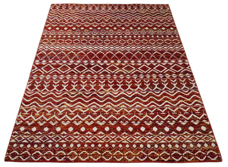 8x10 Hand Knotted Rust, Gold and White Modern Contemporary Southwestern Tribal Trellis Recycled Silk Area Rug