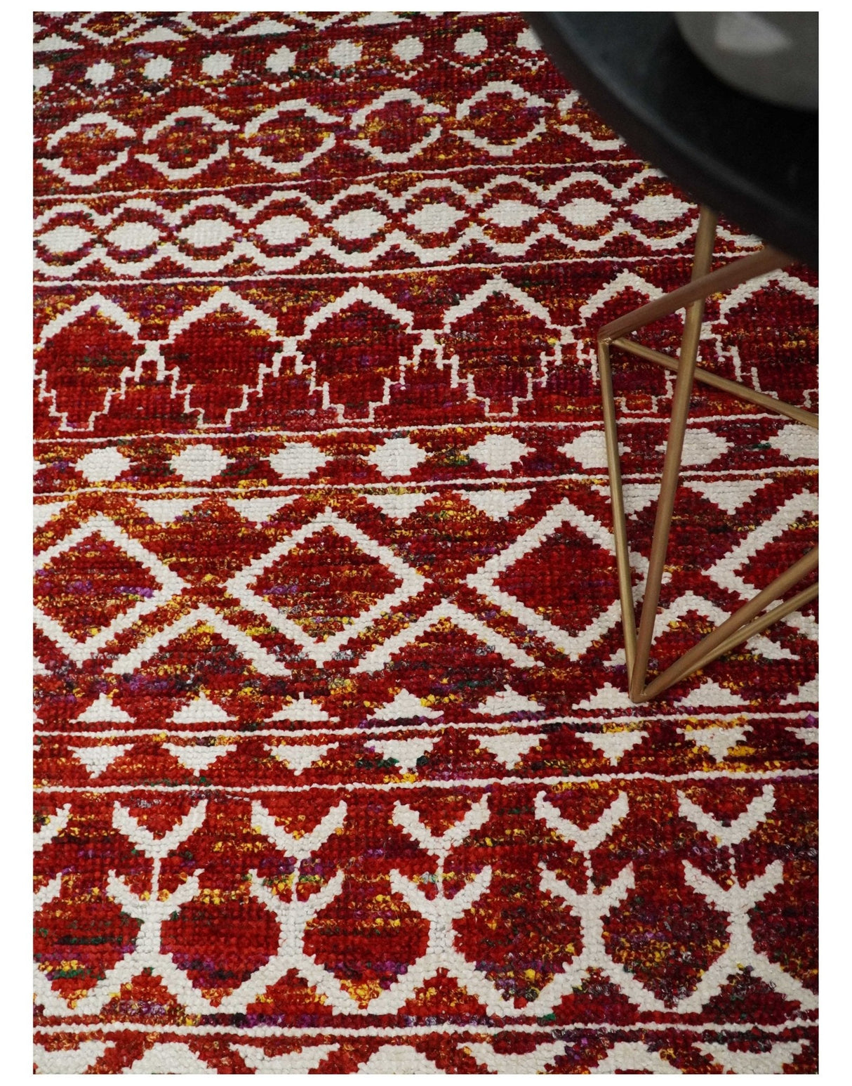 8x10 Hand Knotted Rust, Gold and White Modern Contemporary Southwestern Tribal Trellis Recycled Silk Area Rug