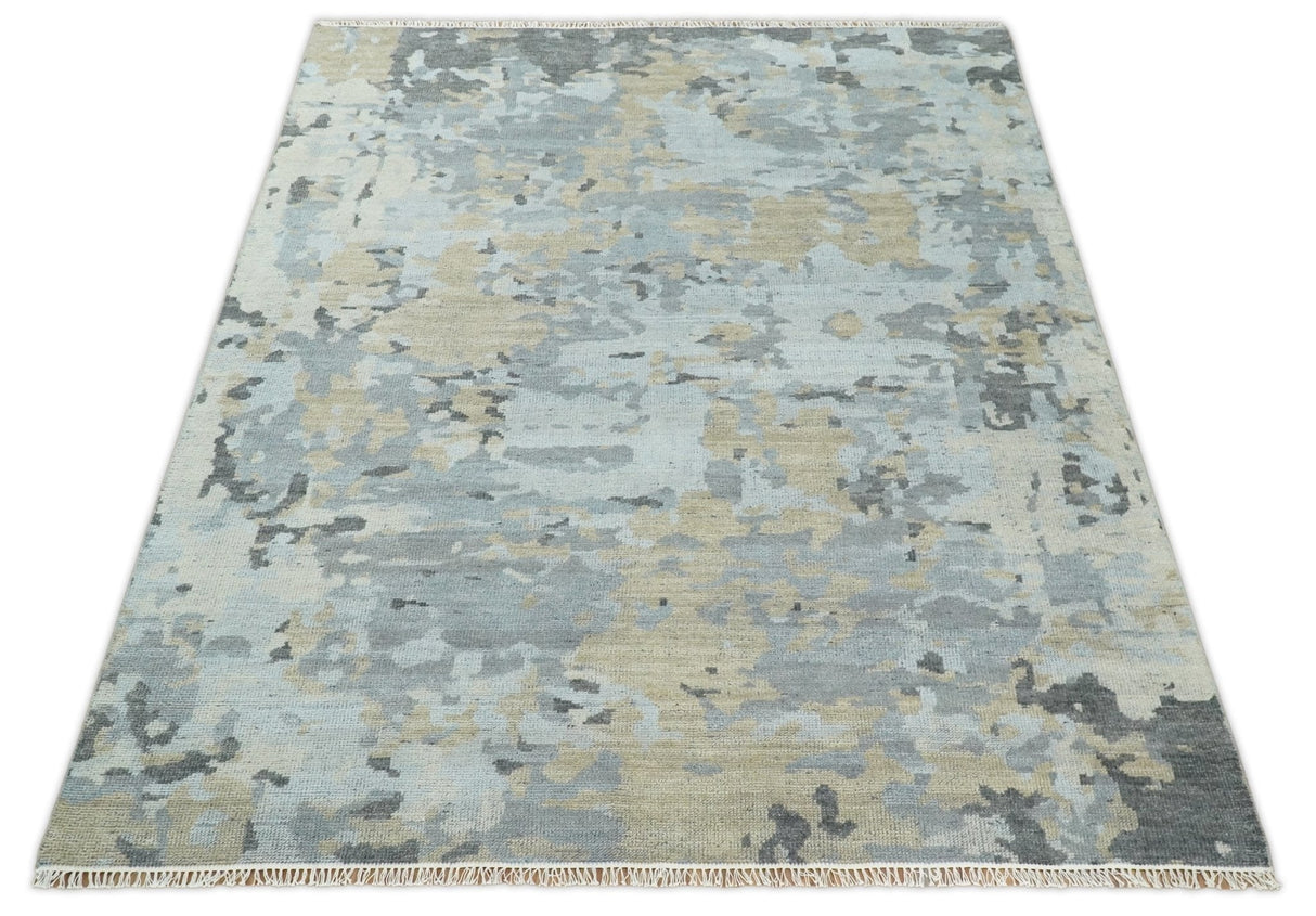 8x10 Hand Knotted Silver and Beige Modern Abstract Low Pile Wool Rug