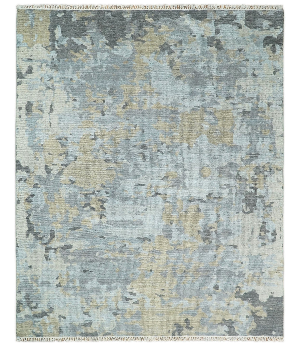 8x10 Hand Knotted Silver and Beige Modern Abstract Low Pile Wool Rug