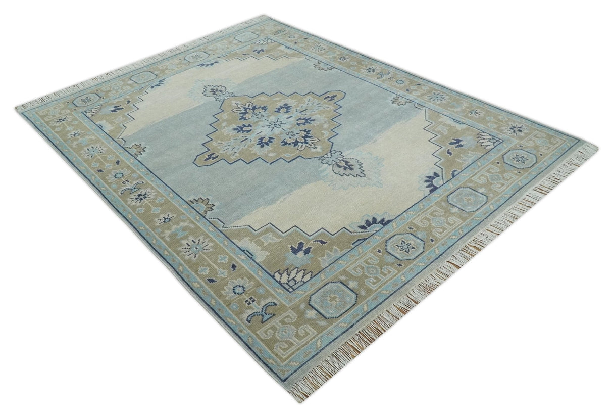 8x10 Hand Knotted Traditional Serapi Blue And Beige Wool Area Rug