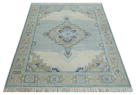 8x10 Hand Knotted Traditional Serapi Blue And Beige Wool Area Rug