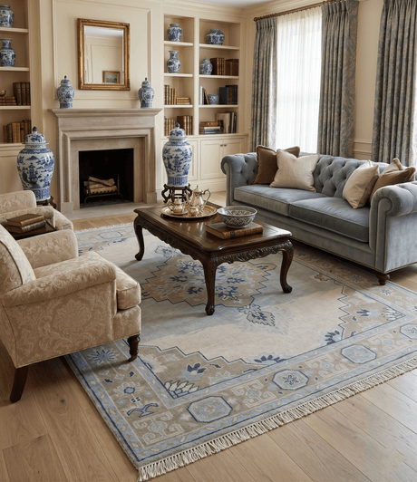 8x10 Hand Knotted Traditional Serapi Blue And Beige Wool Area Rug