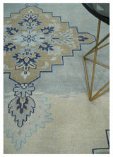 8x10 Hand Knotted Traditional Serapi Blue And Beige Wool Area Rug