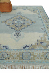 8x10 Hand Knotted Traditional Serapi Blue And Beige Wool Area Rug